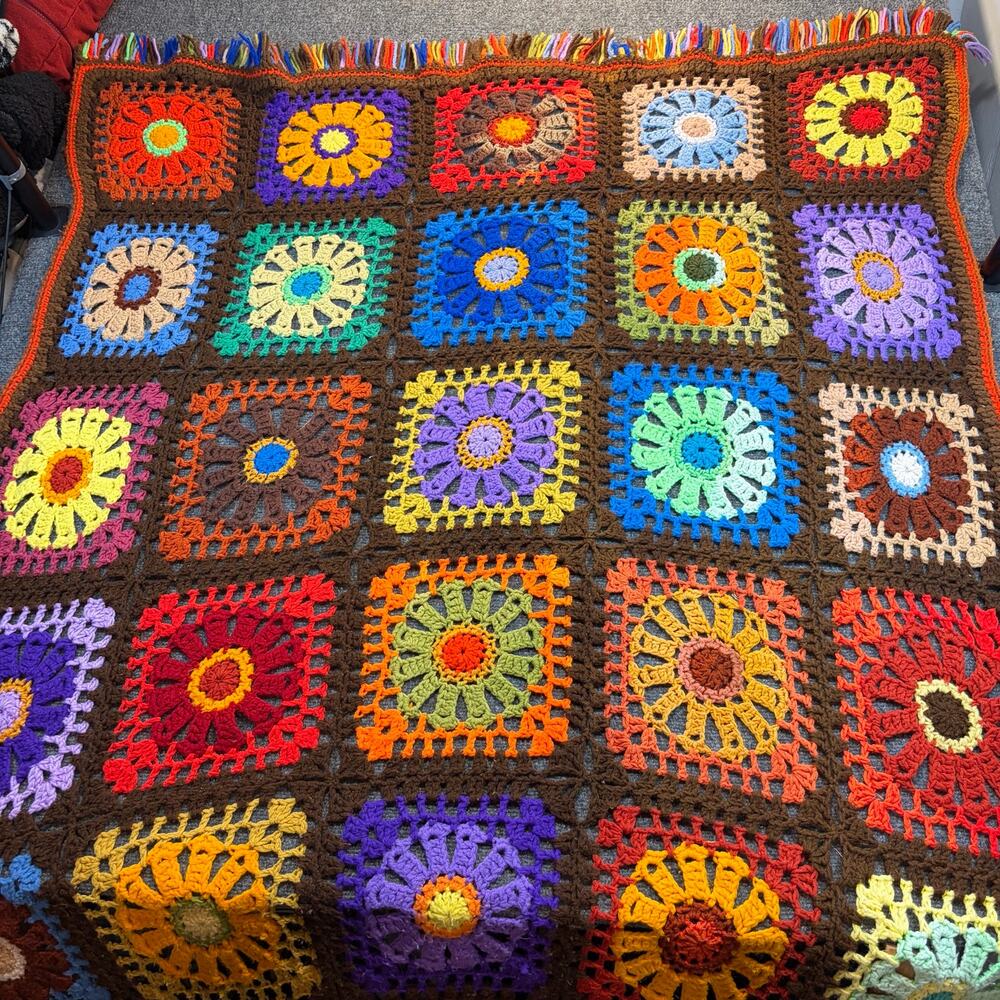 Vintage Handmade Crochet Granny Square Afghan Throw Blanket Fringe Color 88x46